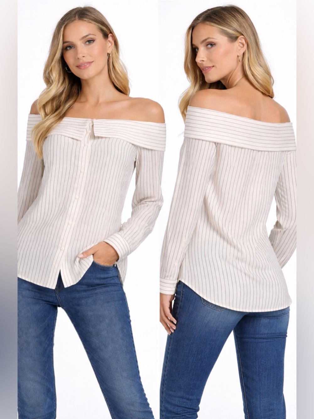 Tibi Frederic Off-the-Shoulder Striped‎ Long Sleeve Button Front Blouse Shirt 2